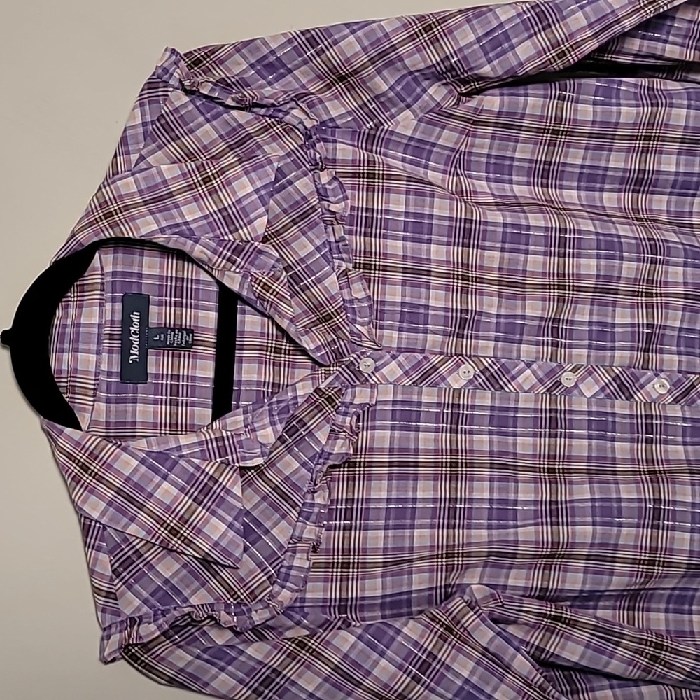 ModCloth Ruffled Up at the Rodeo Purple Shirt L Western Plaid Breathable - Picture 4 of 10
